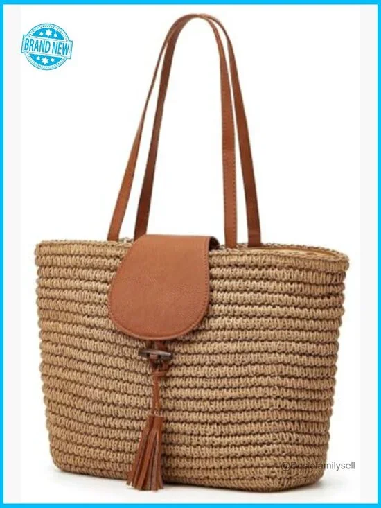 Woven Straw Tote Bag Large Beach Shoulder Purse Boho Minimal Chic Summer - Picture 4 of 7